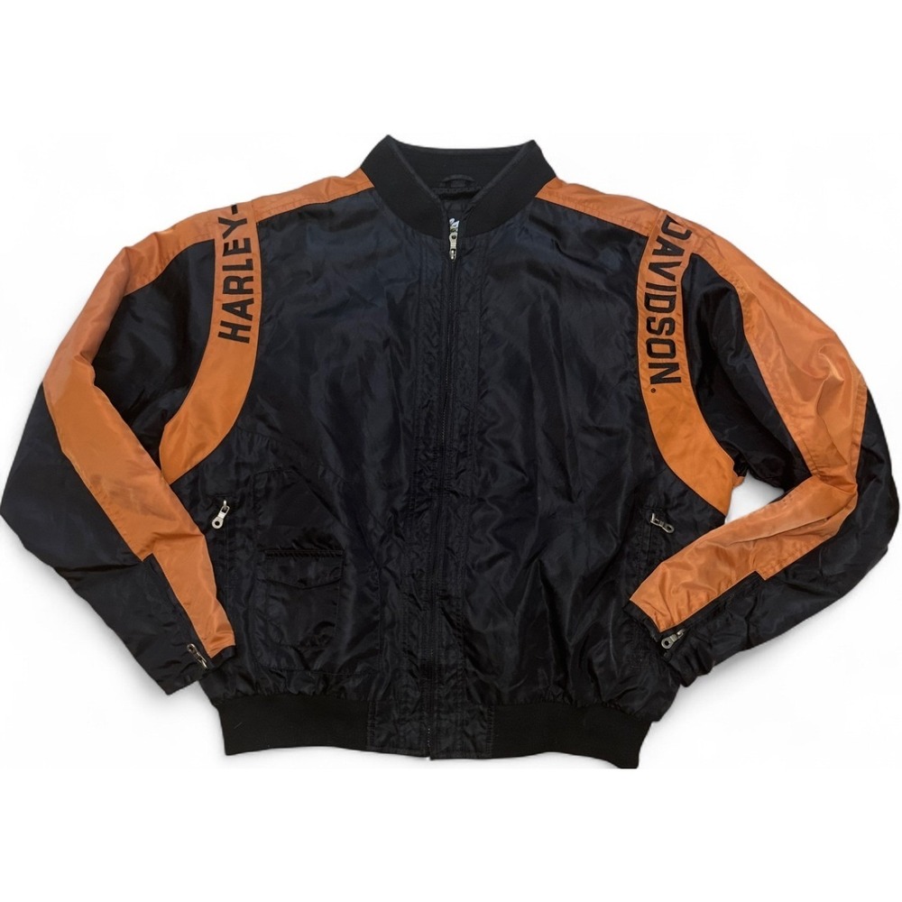 Harley Davidson Jacket Nylon Black Orange Motorcycle Biker Full Zip‎ Mens XL